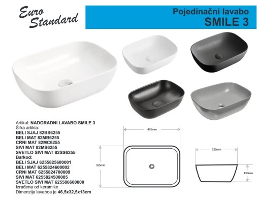 LAVABO SMILE 3 E-6255 SIVI MAT