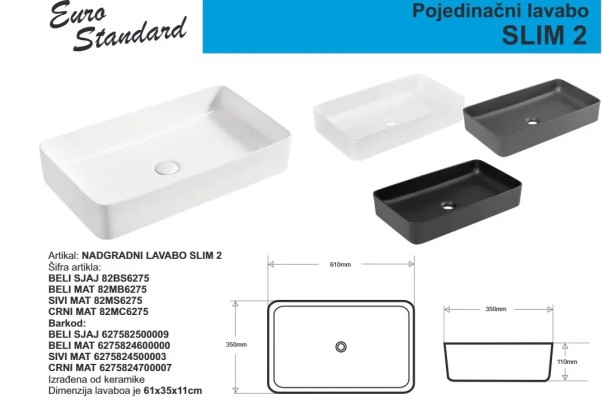 LAVABO SLIM 2 E-6275 BELI MAT